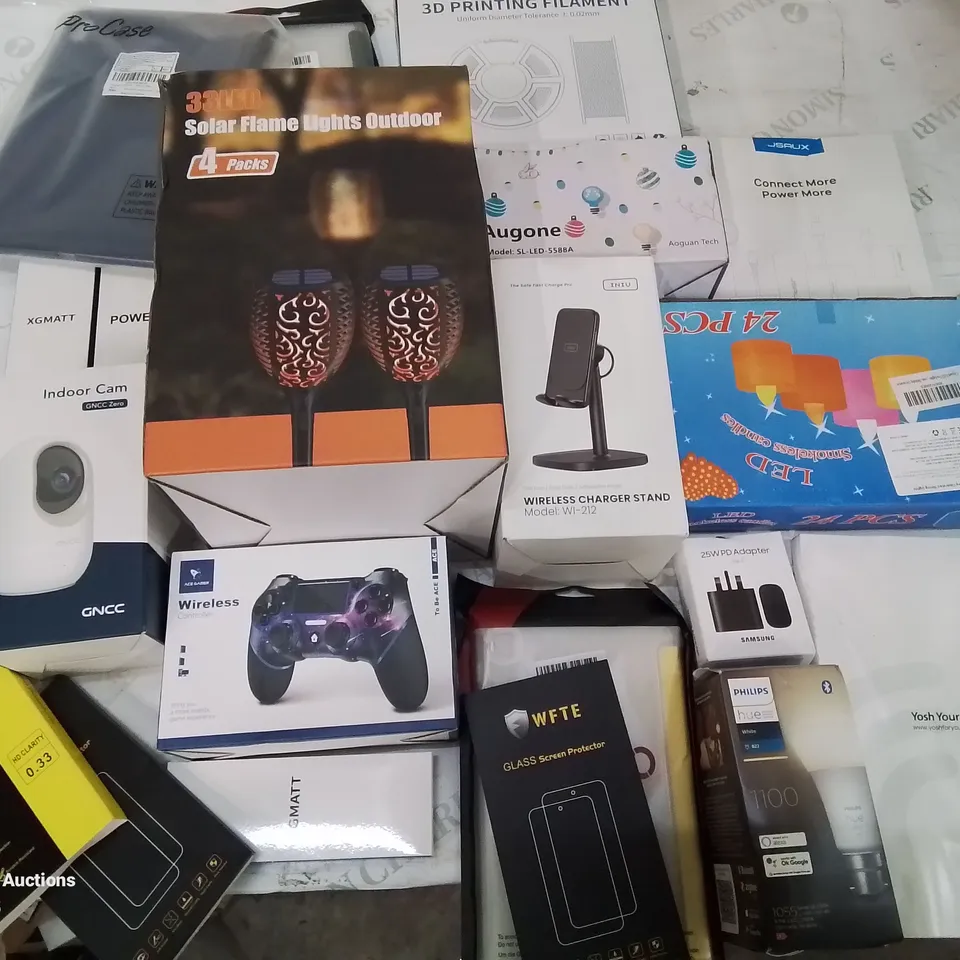 BOX CONTAINING LARGE AMOUNT OF MIXED BOXED ELECTRICAL ITEMS PHONE ACCESSORIES LIGHTING ETC.