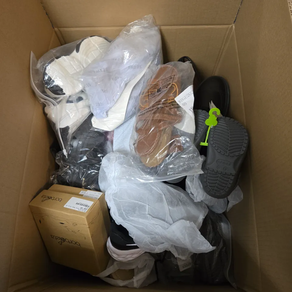 BOX OF APPROXIMATELY 15 PAIRS OF ASSORTED SHOES IN VARIOUS STYLES , COLOURS AND SIZES