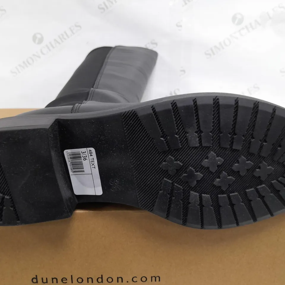 BOXED PAIR OF DUNE LONDON UNDER THE KNEE BLACK LEATHER BOOTS - SIZE 3/36