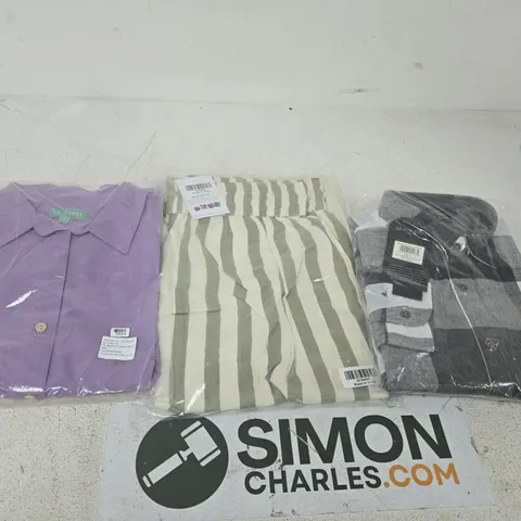 Three women's clothing items in sealed packaging: lavender shirt, striped trousers & checkered topWOMEN'S CLOTHING BUNDLE – APROX 20 ITEMS TO INCLUDE CLOTHING ITEMS JUMPERS , TOPS AND DRESSES