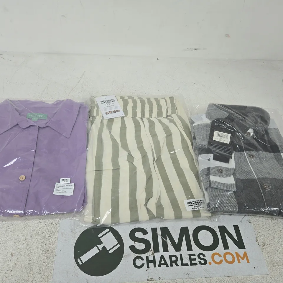 Three women's clothing items in sealed packaging: lavender shirt, striped trousers & checkered topWOMEN'S CLOTHING BUNDLE – APROX 20 ITEMS TO INCLUDE CLOTHING ITEMS JUMPERS , TOPS AND DRESSES