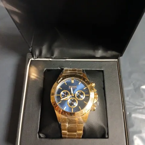 HUGO BOSS GOLD-TONE CHRONOGRAPH WATCH WITH BLUE DIAL – BOXED