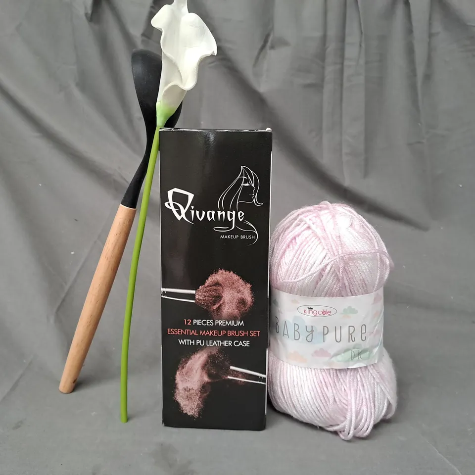 BOX OF APPROXIMATELY 20 ASSORTED HOUSEHOLD ITEMS TO INCLUDE 12 PIECE MAKEUP BRUSH SET, BABY PURE PINK KNITTING YARN, ETC