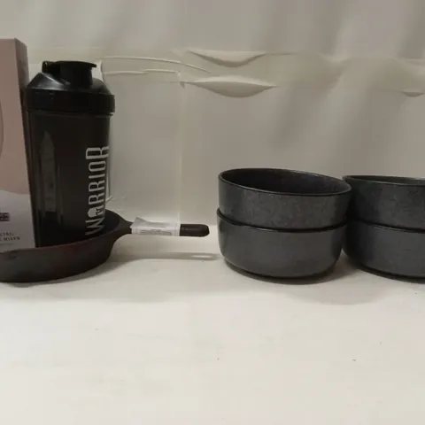 BOX OF KITCHEN PRODUCTS AND ITEMS TO INCLUDE;BOWLS,PAN,PROTEIN SHAKE CUP, ELECTRIC DRINK MIXER,ETC
