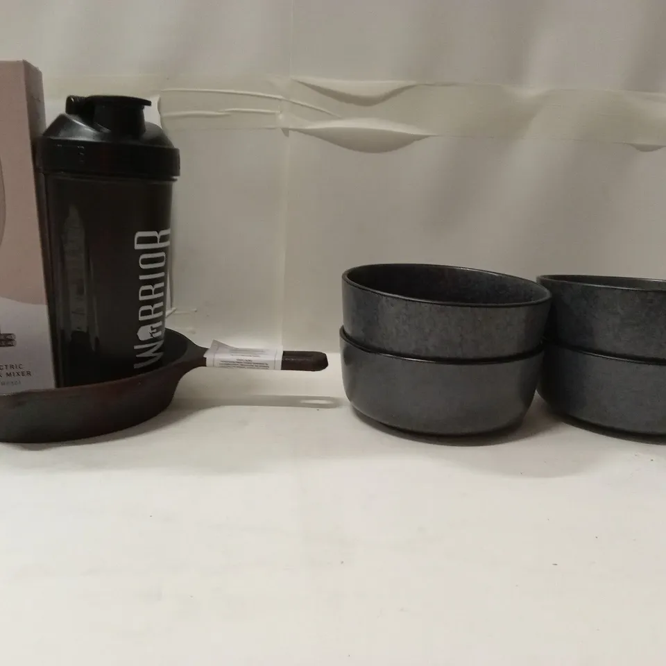 BOX OF KITCHEN PRODUCTS AND ITEMS TO INCLUDE;BOWLS,PAN,PROTEIN SHAKE CUP, ELECTRIC DRINK MIXER,ETC
