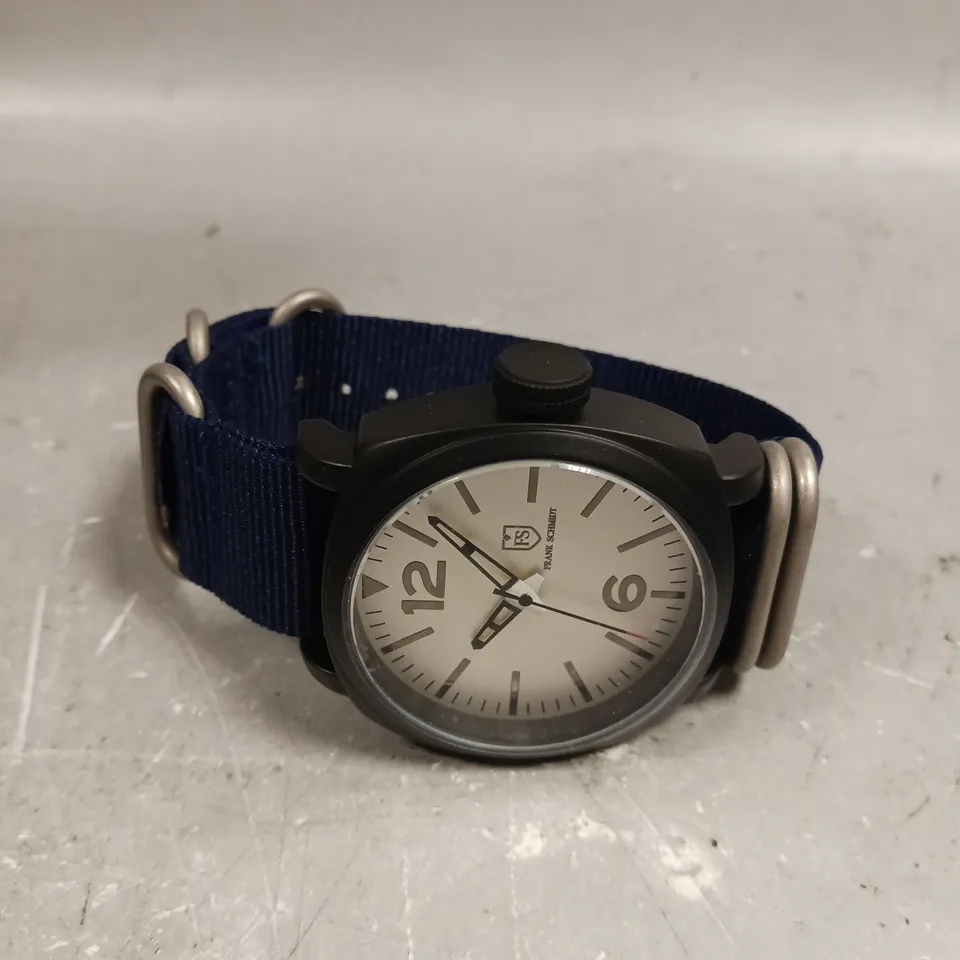 MENS FRANK SCHMIDT WATCH – LARGE BLACK CASE – WHITE PILOT DIAL – BLUE FABRIC STRAP 