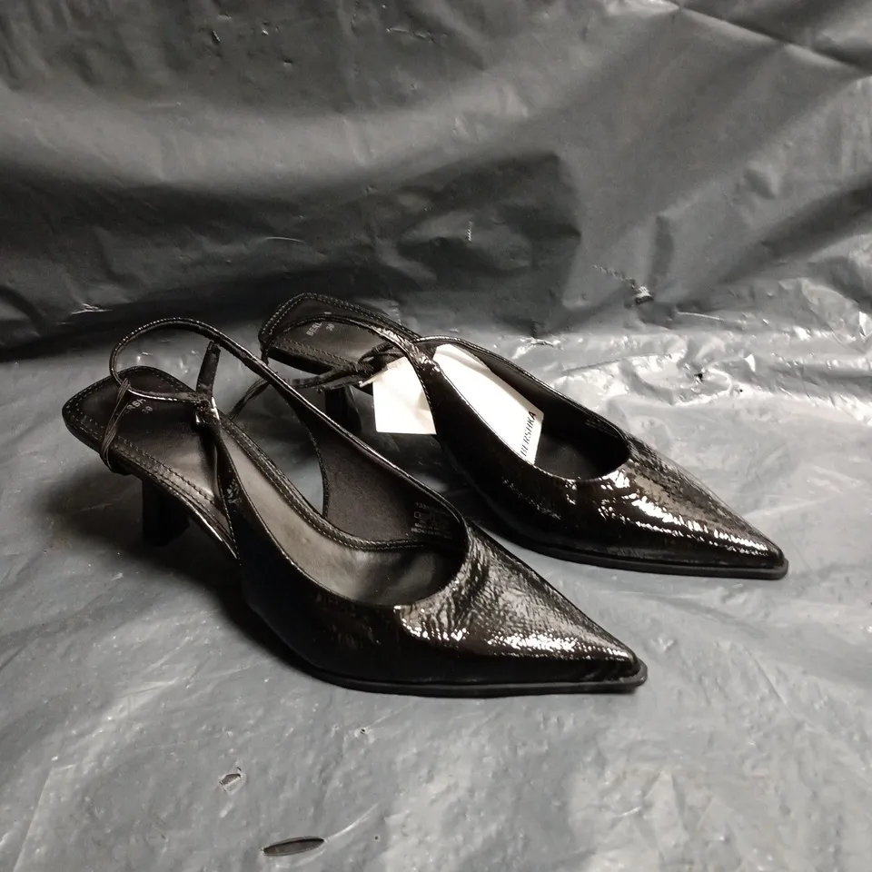 BERSHKA BLACK PATENT SLINGBACK POINTED TOES STILETTO HEELS SIZE 6