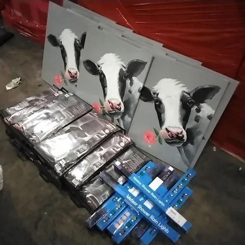 PALLET OF HOUSEHOLD ITEMS TO INCLUDE COW WITH ROSE WRAPPED ART CANVAS,METEOR SHOWER RAIN LIGHTS, SEAT PROTECTORS AND OTHER ASSORTED ITEMS...