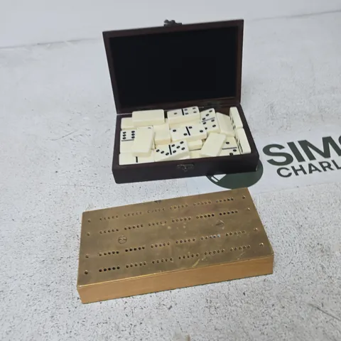 VINTAGE DOMINOES SET IN WOODEN BOX WITH LID WITH PEGBOARD