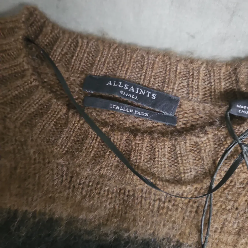 ALLSAINTS LOU JUMPER – BROWN & BLACK STRIPED KNIT, SIZE SMALL