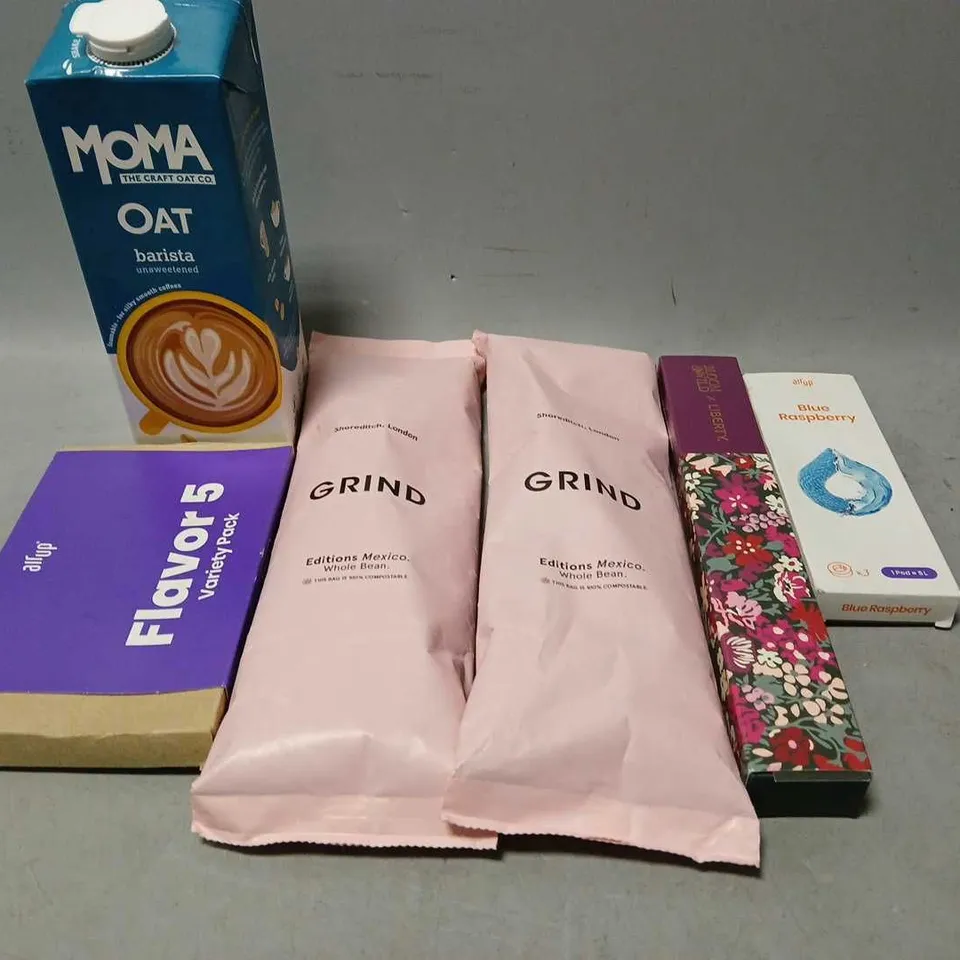 TOTE OF ASSORTED FOOD AND DRINK ITEMS TO INCLUDE COFFEE, AIR UP VARIETY PACK AND MOMA OAT