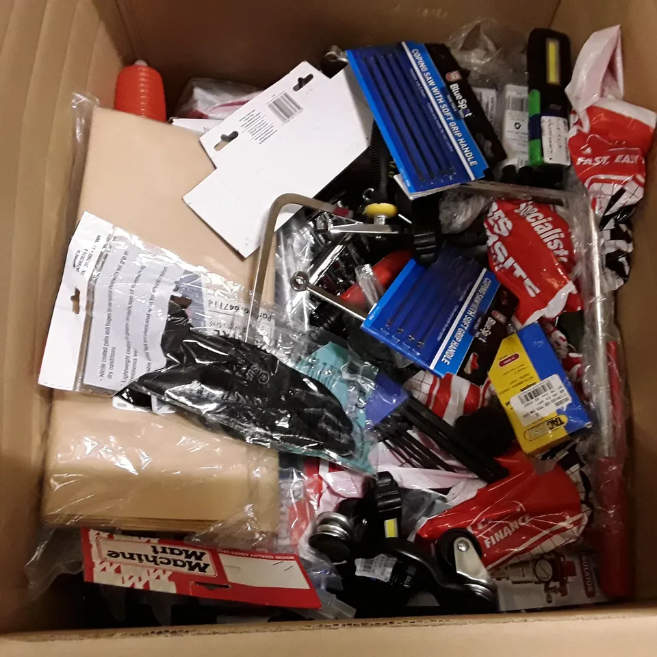 BOX CONTAINING ASSORTED ITEMS INCLUDING BATTERY CHARGER, CAR TRIM REMOVAL KIT, AIR COMPRESSOR, ASSORTED RIVETS, SHROUNDED PADLOCK 