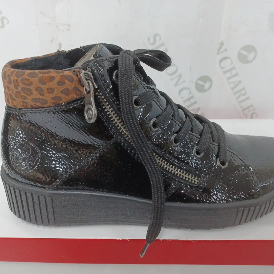 BOXED PAIR OF RIEKER HIGH TOP LEOPARD CUFF TRAINERS BLACK - SIZE 38