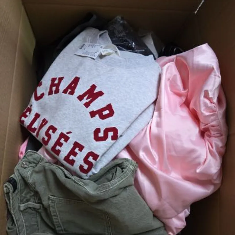 LARGE BOX OF ASSORTED CLOTHING ITEMS IN VARIOUS SIZES, STYLES AND COLOUR 