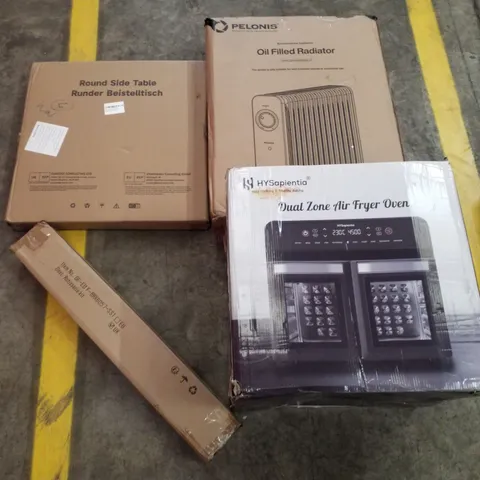 PALLET CONTAINING ASSORTED PRODUCTS INCLUDING ROUND SIDE TABLE, OIL FILLED RADIATOR, ROTISSERIE KIT & DUAL ZONE AIR FRYER OVEN 