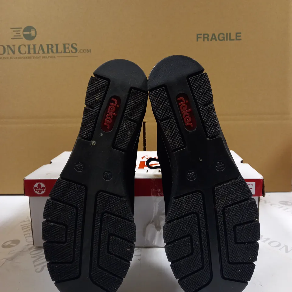 BOXED PAIR RIEKER WEDGE TRAINER IN BLACK, UK SIZE 5