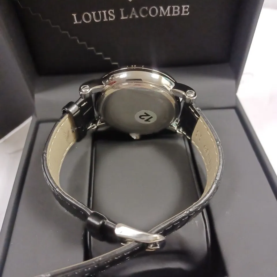 LOUIS LACOMBE CHRONOGRAPH ROMAN NUMERAL WAVE TRIPLE DIAL BLACK LEATHER STRAP WRISTWATCH