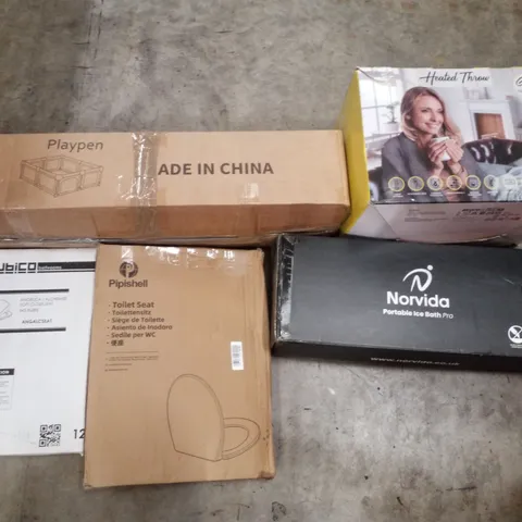 PALLET CONTAINING ASSORTED PRODUCTS INCLUDING PLAYPEN, HEATED THROW, PORTABLE ICE BATH & TOILET SEATS