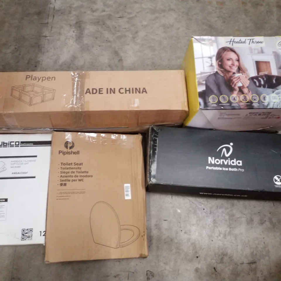 PALLET CONTAINING ASSORTED PRODUCTS INCLUDING PLAYPEN, HEATED THROW, PORTABLE ICE BATH & TOILET SEATS