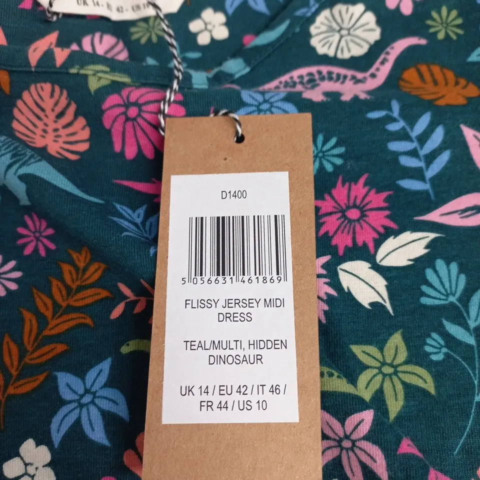 SUGARHILL BRIGHTON JERSEY MIDI DRESS – TEAL/MULTI DINOSAUR PRINT UK 14