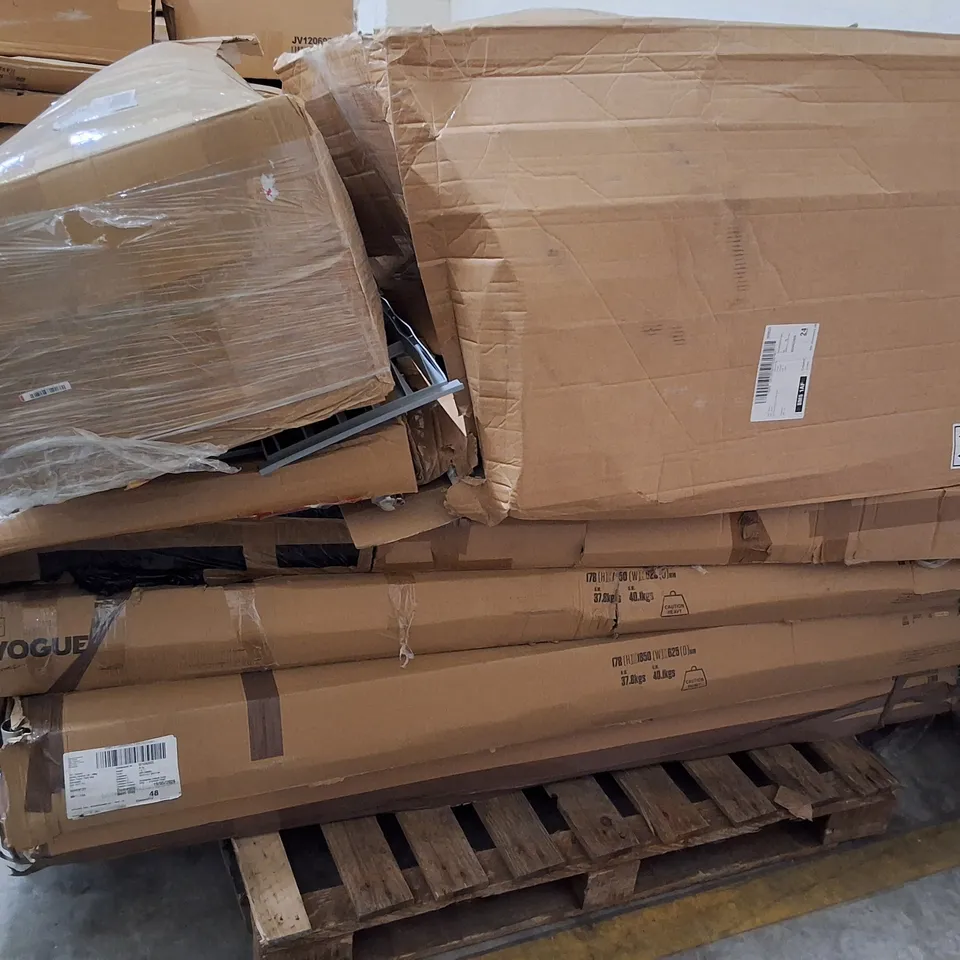 PALLET CONTAINING ASSORTED NISBIT PRODUCTS & PARTS INCLUDING SHAPED LINEN TRUCK & SHELVING RACKS