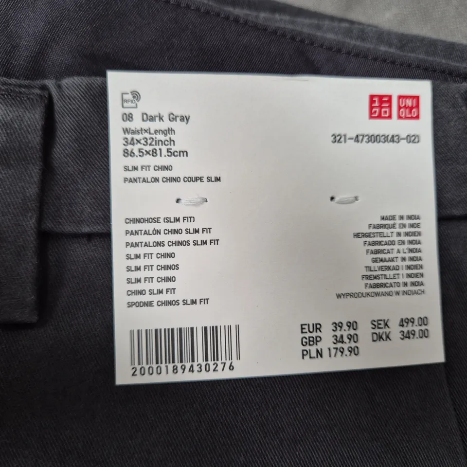 UNIQLO SLIM FIT CHINO TROUSERS – DARK GRAY, MEN’S UK 34X32 (TAG ATTACHED)
