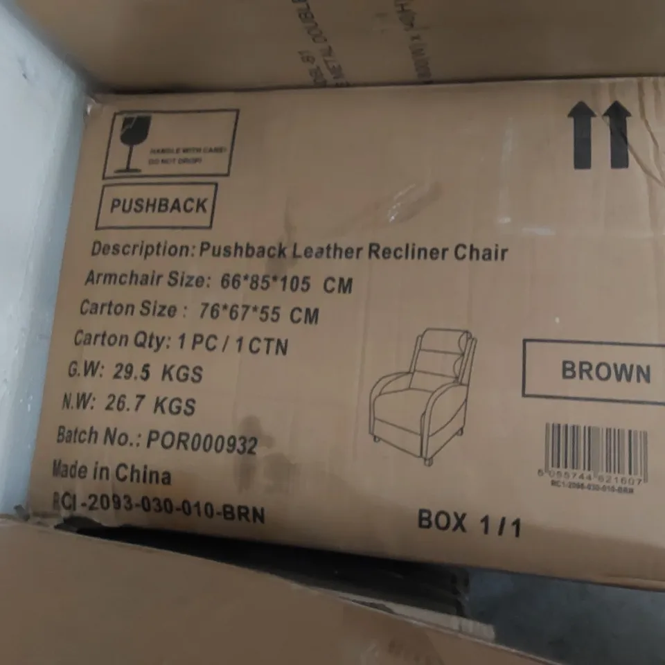 BOXED DESIGNER BROWN LEATHER PUSHBACK RECLINING EASY CHAIR (1 BOX)