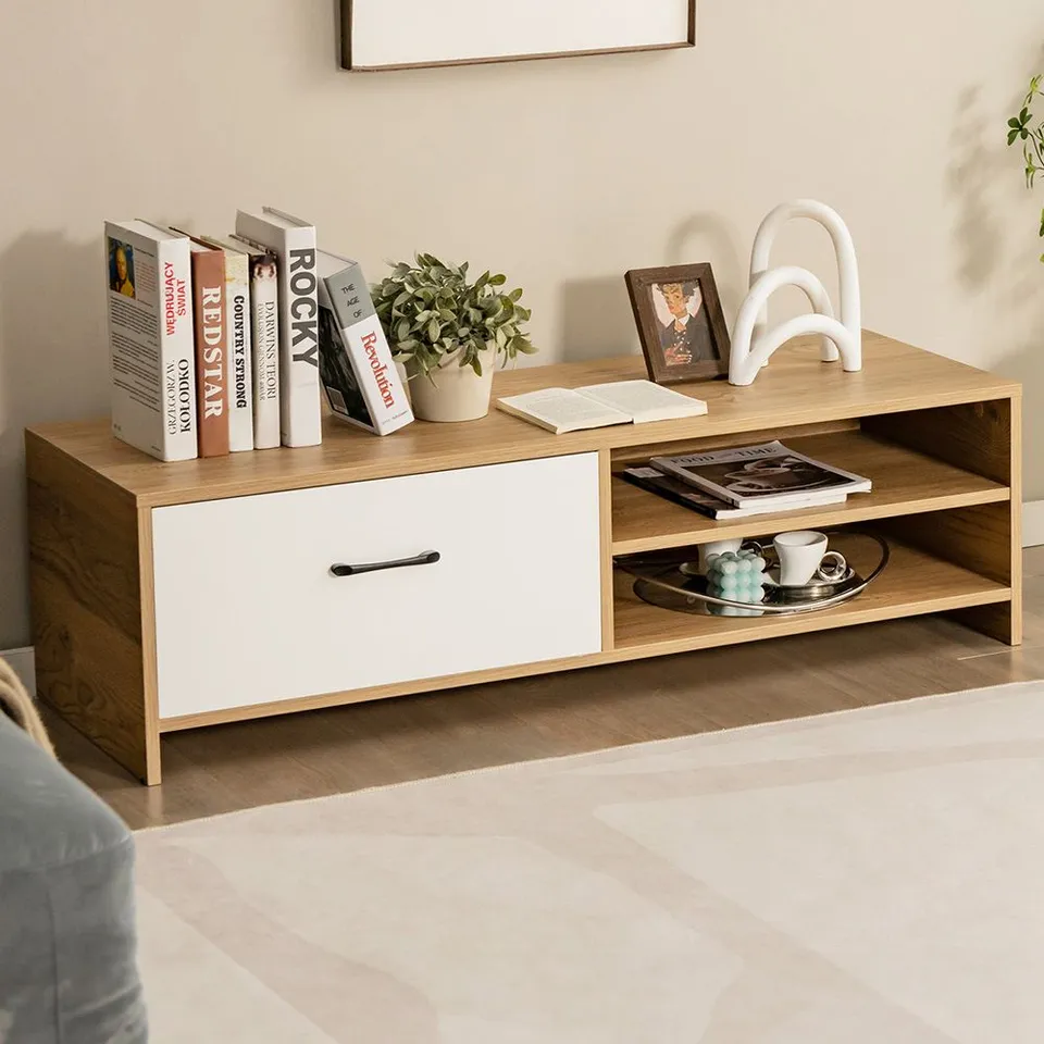 BOXED COSTWAY SINGLE DRAWER 2 SHELF NATURAL AND WHITE TV STAND