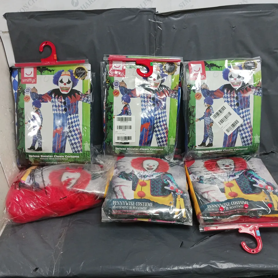 7 ASSORTED CLOWN COSTUMES IN VARIOUS SIZES 