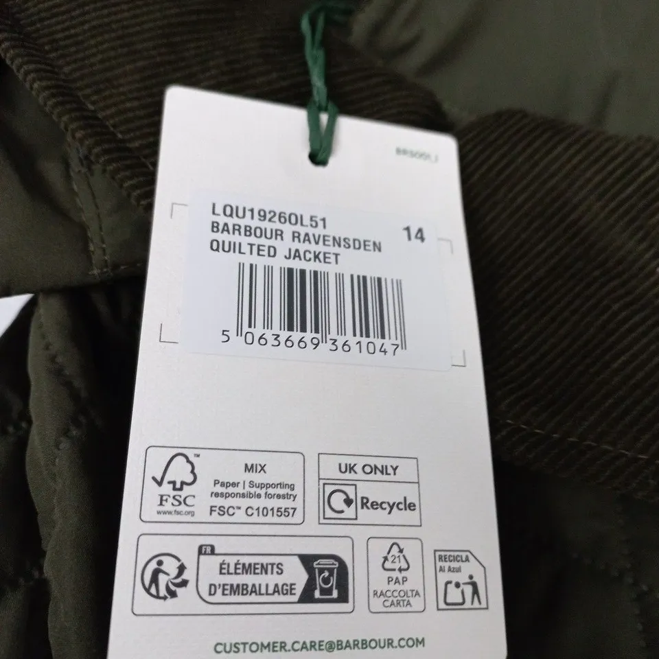 BARBOUR RAVENSDEN QUILTED JACKET – OLIVE, UK 14