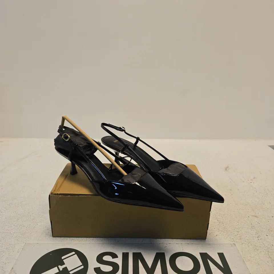 MANGO BLACK PATENT SLINGBACK HEELS, UK 8 (EU 41) – BOXED