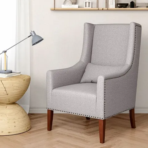 BOXED LIVING AND HOME GREY BEIGE BURLAP HIGH BACK STUDDED ARMCHAIR WITH CUSHION