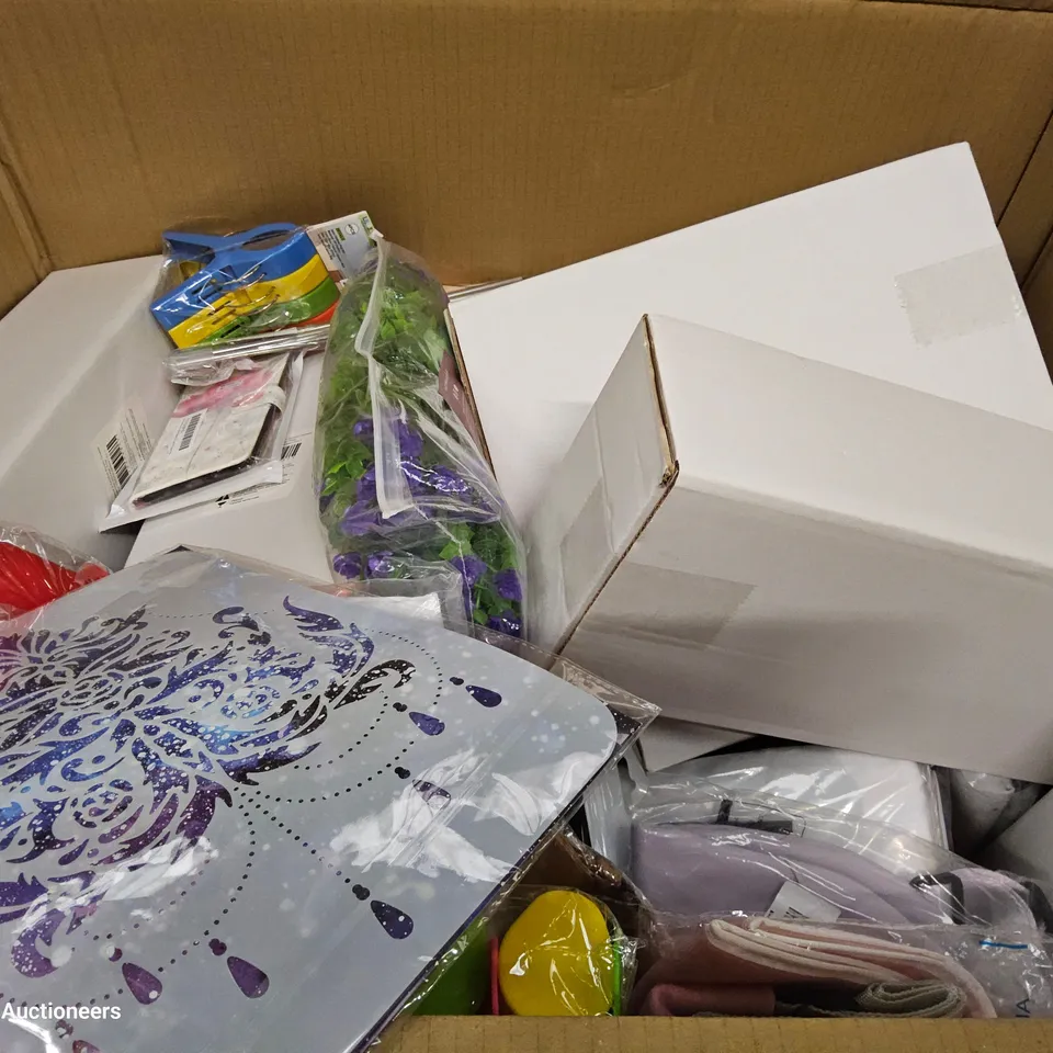 PALLET CONTAINING 6 CASES OF ASSORTED ITEMS, INCLUDING, FANCY DRESS COSTUMES, ARTIFICIAL FLOWERS, HEAD RAZORS, STENCILS, SILICON POPSICKLE MOULDS.