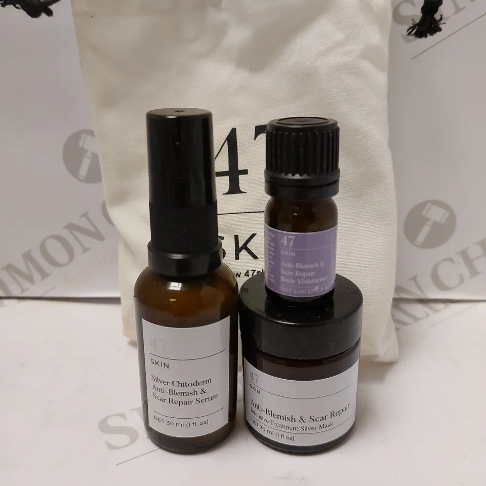 LOT OF 3 ASSORTED 47 SKIN PRODUCTS TO INCLUDE SILVER CHITODERM ANTI BLEMISH SCAR REPAIR SERUM 30ML, ANTI-BLEMISH AND SCAR REPAIR INTENSIVE TREATMENT SILVER MASK 30ML, ANTI BLEMISH SCAR REPAIR BODY MOI