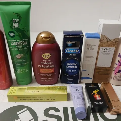 APPROX 12 ASSORTED BEAUTY PRODUCTS TO INCLUDE GIVE ME SHAMPOO, AUSSIE LEAVE IN SPRAY, OGX SHAMPOO, ETC