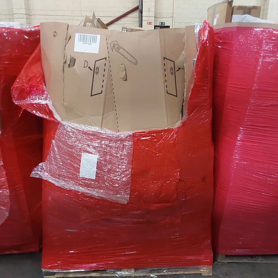 PALLET CONTAINING ASSORTED CONSUMER PRODUCTS TO INCLUDE: LED MONITOR, SUITCASE, PULL UP BAR, STORAGE OTTOMAN, SKATEBOARD ECT