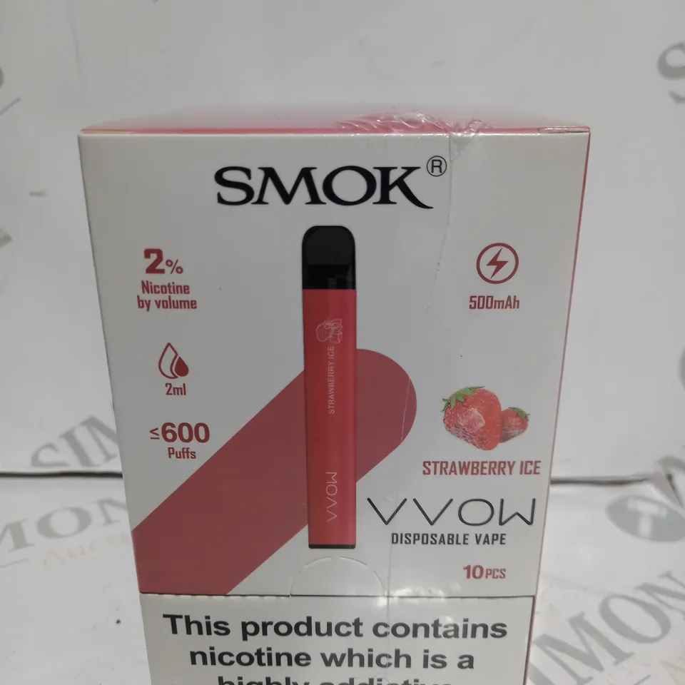 BOXED CELLOPHANE-WRAPPED PACK OF TEN SMOK VVOW DISPOSABLE VAPES - STRAWBERRY ICE