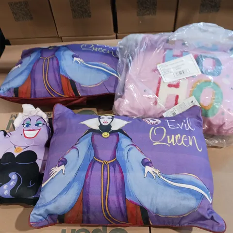 BOX OF APPROXIMATELY 6 ASSORTED THROW PILLOWS TO INCLUDE EVIL QUEEN, URSULA, AND HO HO HO ETC. 