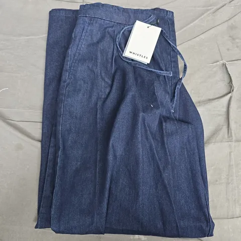 WHISTLES COTTON WIDE-LEG PLEAT TROUSERS – DENIM, UK 12 (EU 40, US 8)
