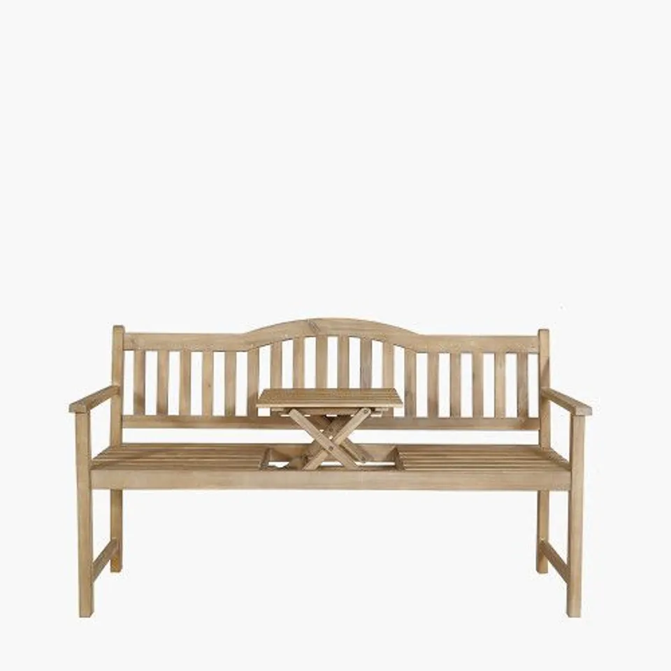 BOXED PACIFIC LIFESTYLE RICHMOND LIGHT TEAK OUTDOOR BENCH WITH POP UP TABLE (1 BOX)