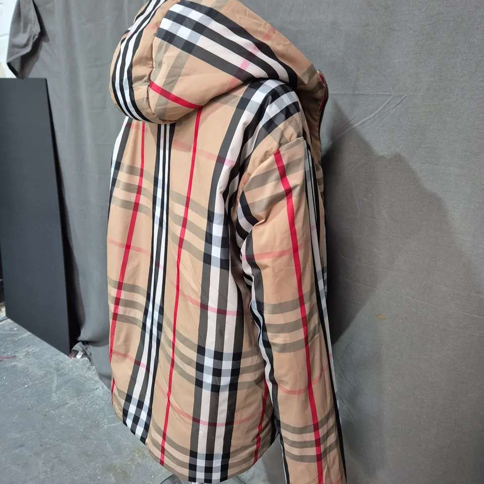 HOODED BEIGE CHECK COAT WITH BURBERRY-STYLE PLAID PATTERN SIZE XXL