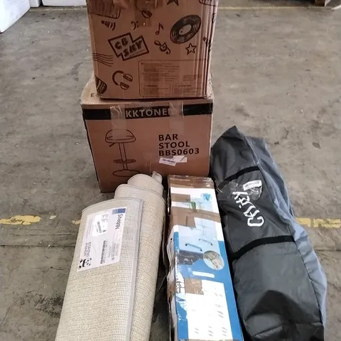 A PALLET OF VARIOUS ITEMS TO INCLUDE. MUSICAL INSTRUMENTS, BAR STOOL, RUG, TENT AMD CLOTHES AIRER