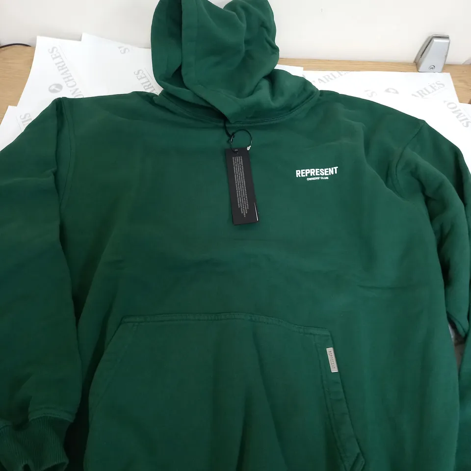 REPRESENT GREEN PLAIN HOODIE WITH BACK GRAPHIC LOGO - L