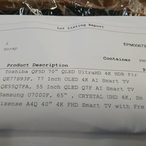 PALLET OF APPROXIMATELY FIVE ASSORTED DAMAGED TVS TO INCLUDE;