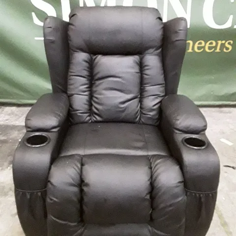 QUALITY DESIGNER ELECTRIC RECLINER ARMCHAIR WITH CUPHOLDERS - BLACK LEATHER
