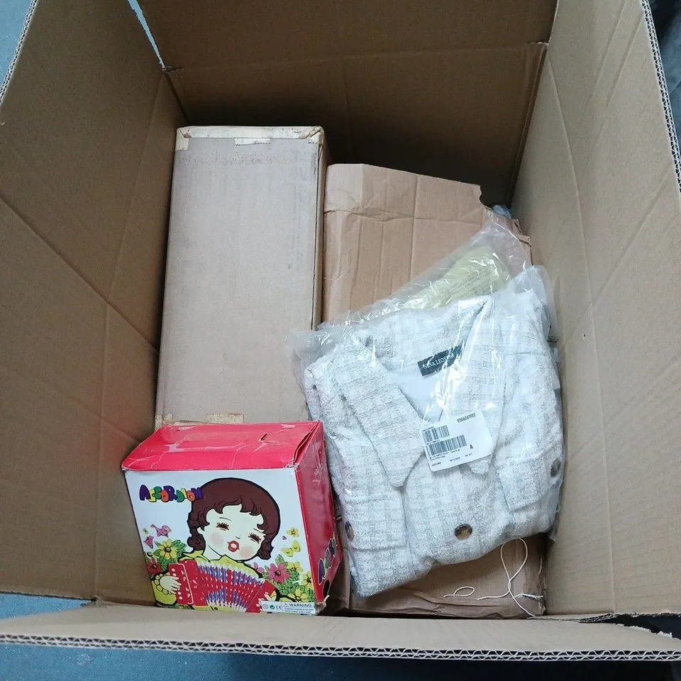 BOX OF APPROXIMATELY 12 ASSORTED HOUSEHOLD ITEMS TO INCLUDE NINA LEONARD JACKET, WYNNE LAYERS TOP, CHILDRENS ACCORDION TOY ETC
