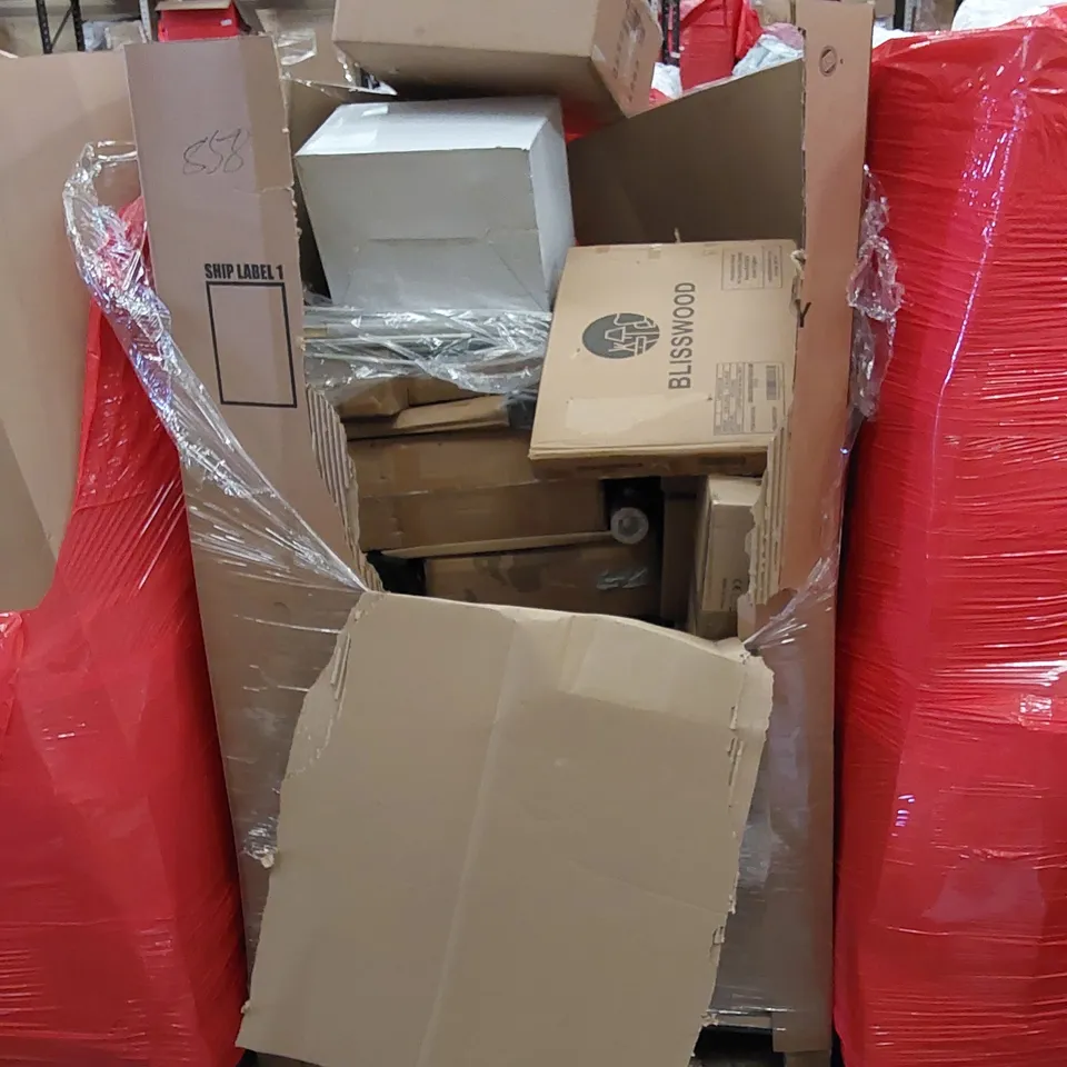 PALLET TO CONTAIN ASSORTED HOUSEHOLD ITEMS AND CONSUMER PRODUCTS. INCLUDING VINYL FLOOR CUTTER, STEAM CLEANER, AIR FRYER, VACUUM CLEANER, ELECTRIC BLANKET ETC