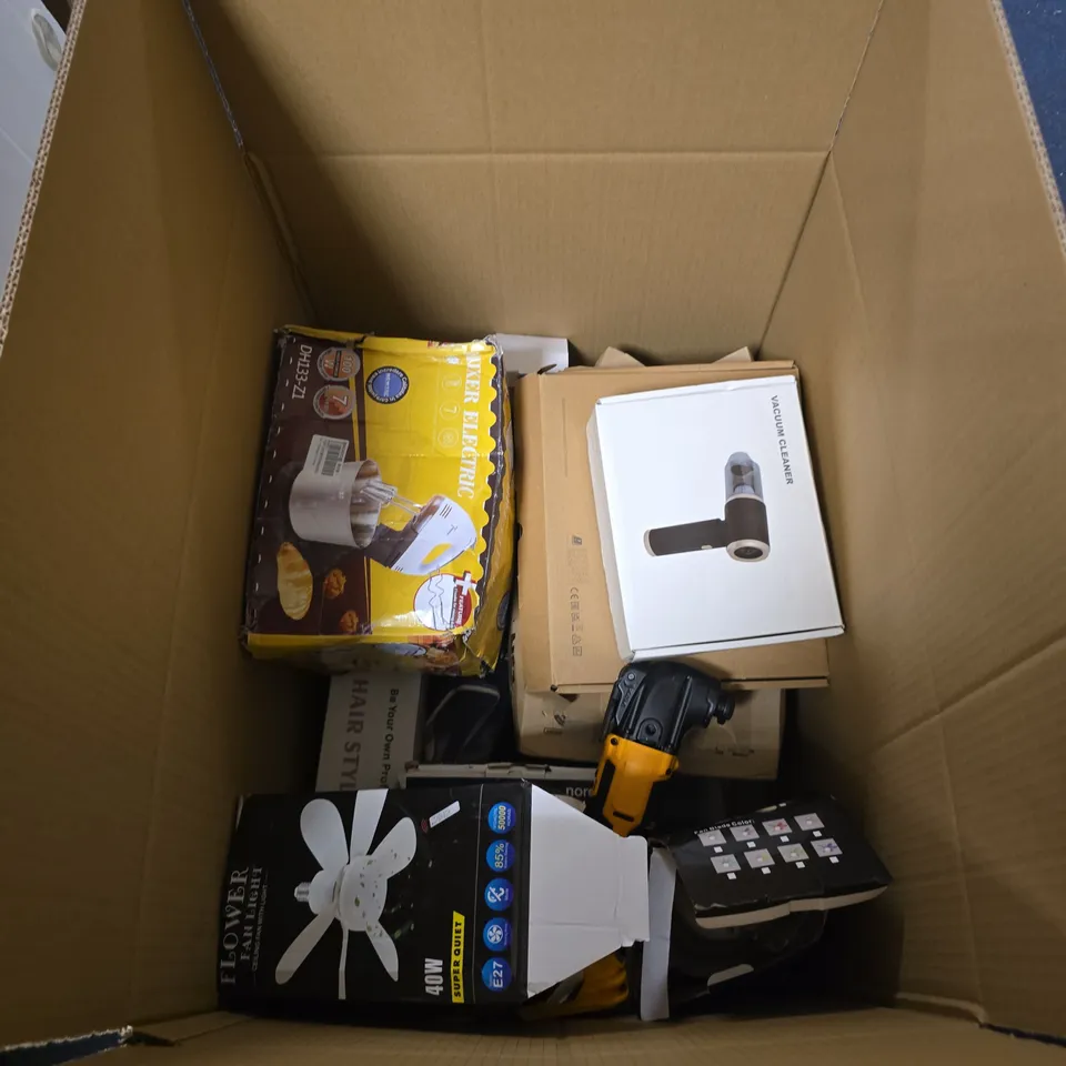 APPROXIMATELY 10 ASSORTED ITEMS INCLUDING HANDHELD VACUUM CLEANER , FLOWER FAN LIGHT AND ELECTRIC MIXER