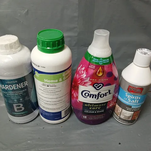 BOX OF ASSORTED HOUSEHOLD ITEMS TO INCLUDE COMFORT, SPIRITS OF SALTS AND EPOXY RESIN