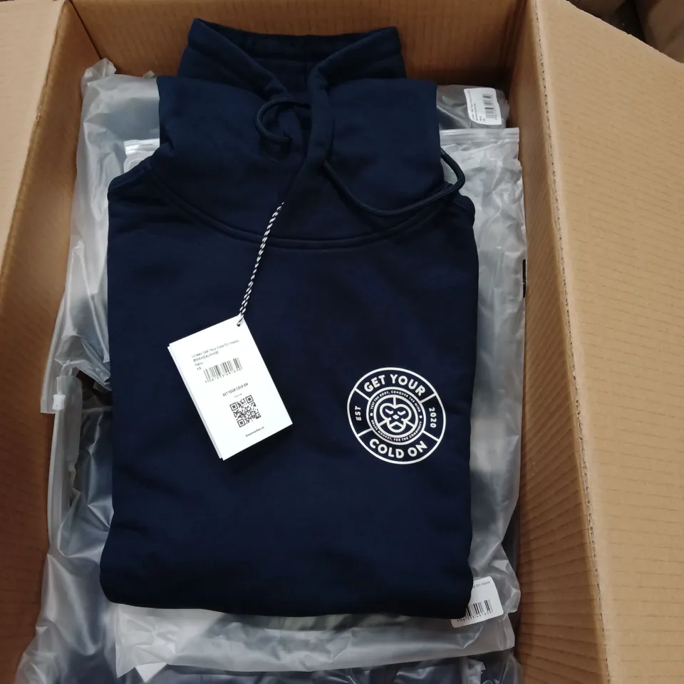 BOX OF APPROXIMATELY 9X BRAND NEW BRASS MONKEY UNISEX HOODY - NAVY, BMAW24UNSW06 // SIZE: XS